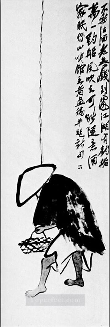 Qi Baishi a fisherman with a fishing rod old China ink Oil Paintings